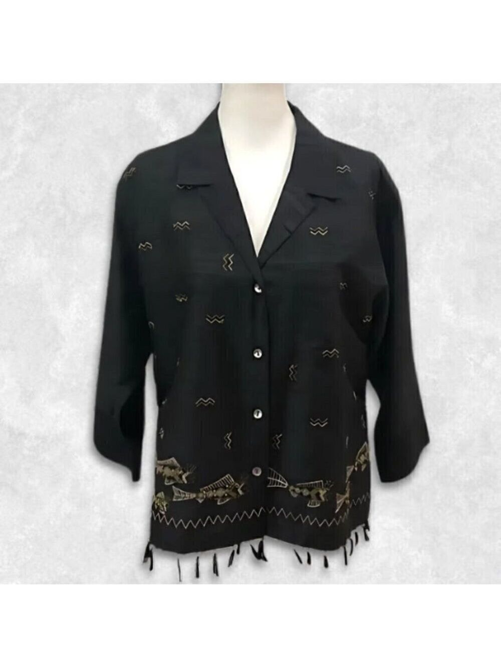 Chico’s Design Boxy Tassel Top Silk Embroidered Fish Motif Wood Beads Black W 1